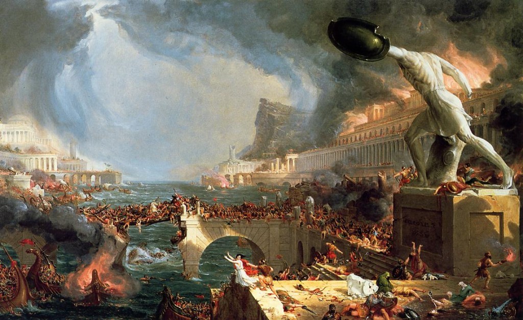 This painting seemed appropriate: "The Course of Empire - Destruction", by Thomas Cole, 1836